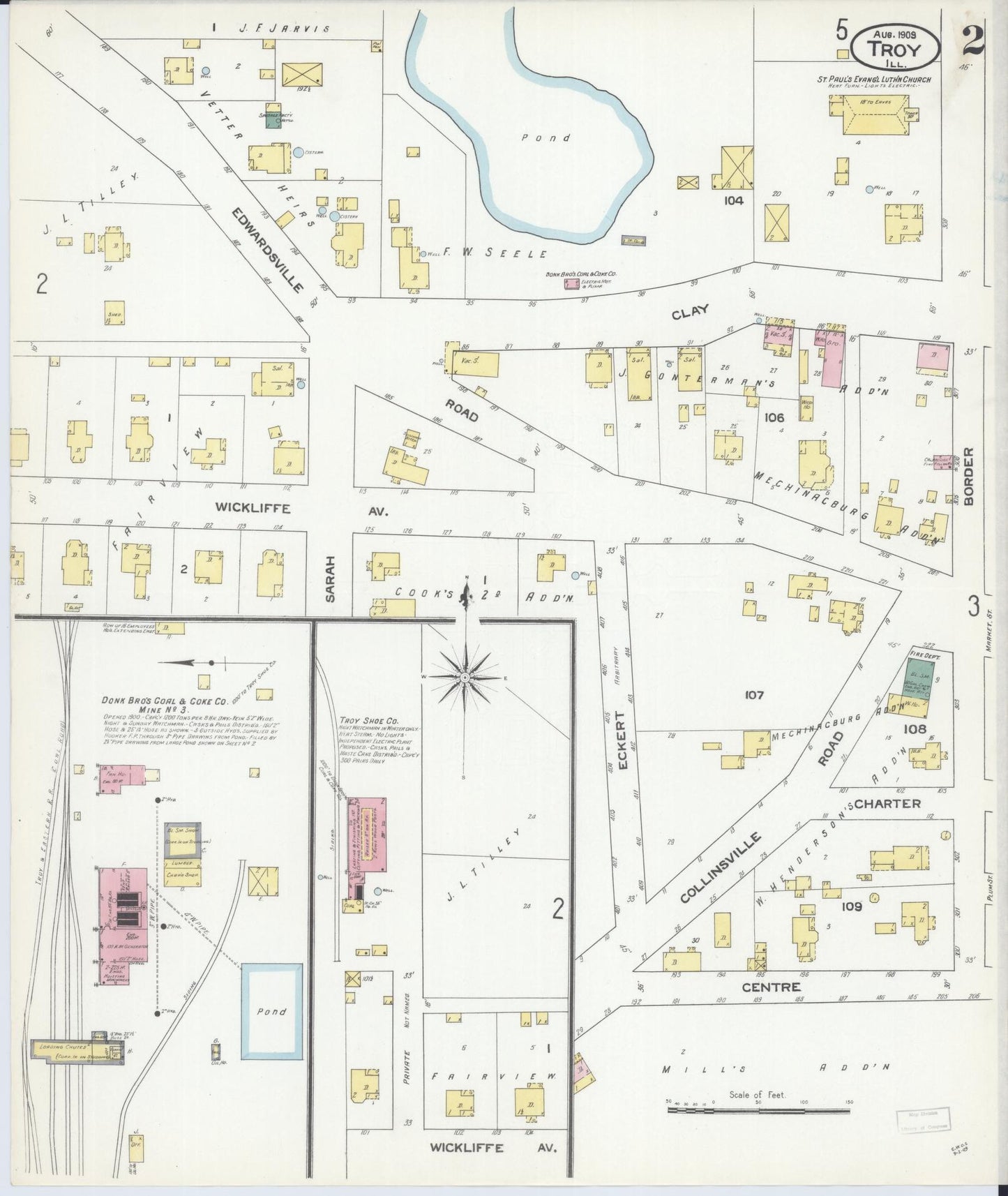Sanborn Fire Insurance Map from Troy, Madison County, Illinois (1909), Sheet #0002 - Historic Sanborn Fire Insurance Map Print, vintage old map wall art, antique decor, genealogy gift, Illinois Illinois map