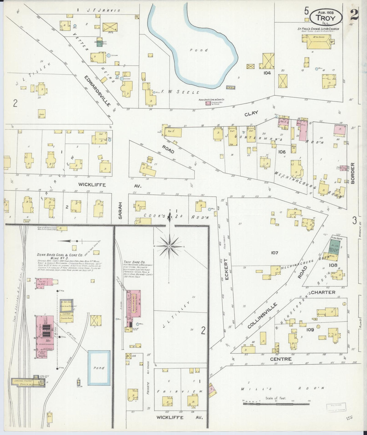 Sanborn Fire Insurance Map from Troy, Madison County, Illinois (1909), Sheet #0002 - Historic Sanborn Fire Insurance Map Print, vintage old map wall art, antique decor, genealogy gift, Illinois Illinois map