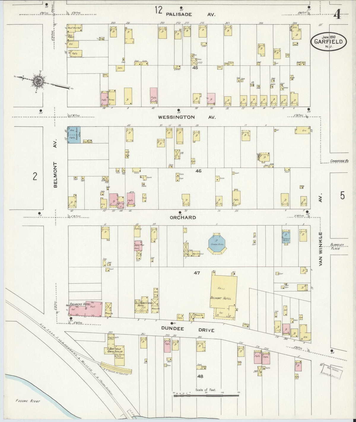 Sanborn Fire Insurance Map from Garfield, Bergen County, New Jersey (1910), Sheet #0004 - Historic Sanborn Fire Insurance Map Print, vintage old map wall art, antique decor, genealogy gift, New Jersey New Jersey map