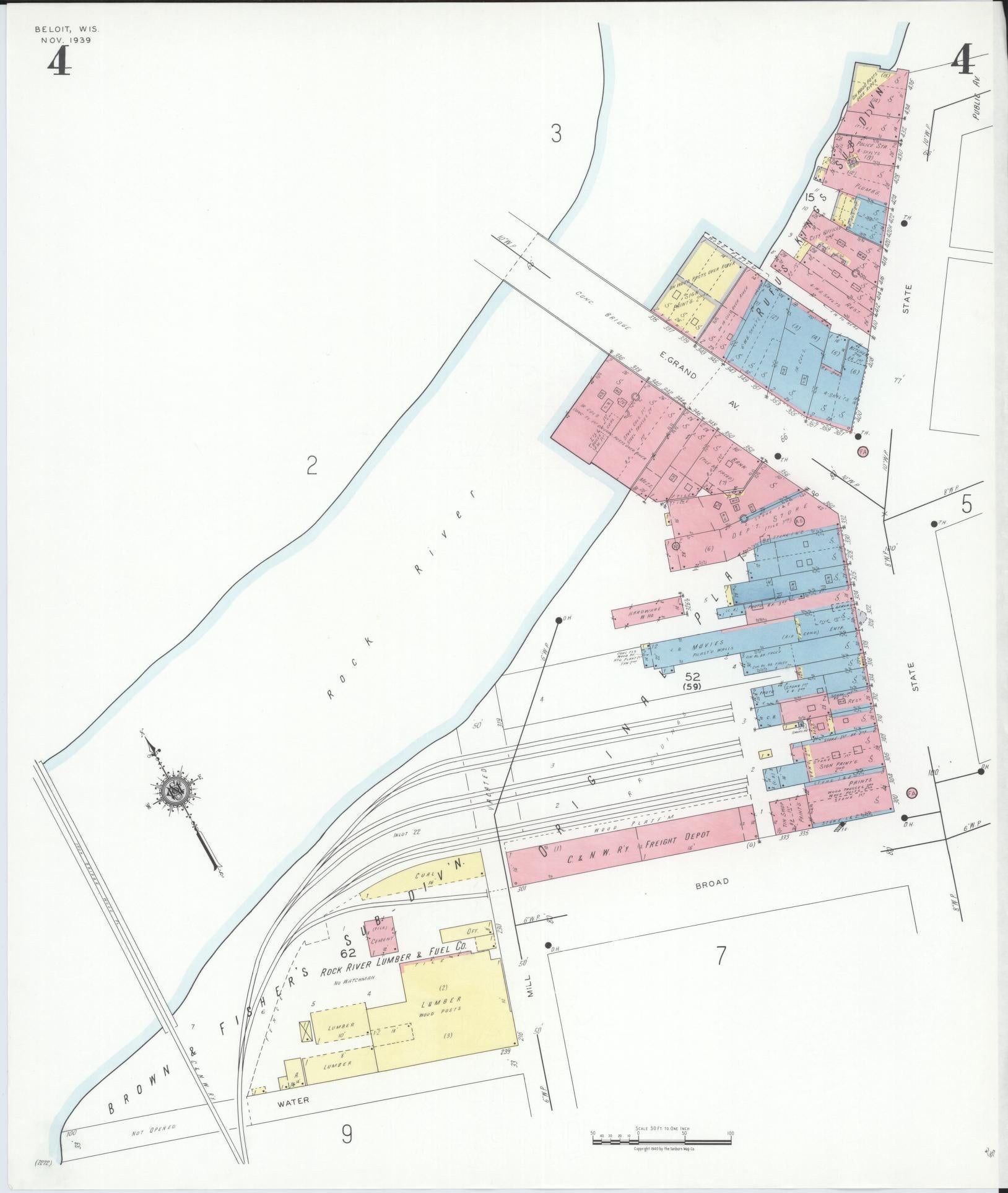 Sanborn Fire Insurance Map from Beloit, Rock County, Wisconsin (1939), Sheet #0004 - Complete Map Set gallery image, historic Sanborn map, vintage wall art, Wisconsin Wisconsin