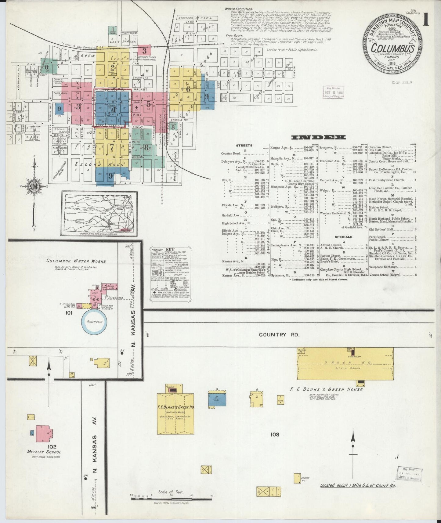 Sanborn Fire Insurance Map from Columbus, Cherokee County, Kansas (1918), Sheet #0001 - Historic Sanborn Fire Insurance Map Print, vintage old map wall art, antique decor, genealogy gift, Kansas Kansas map