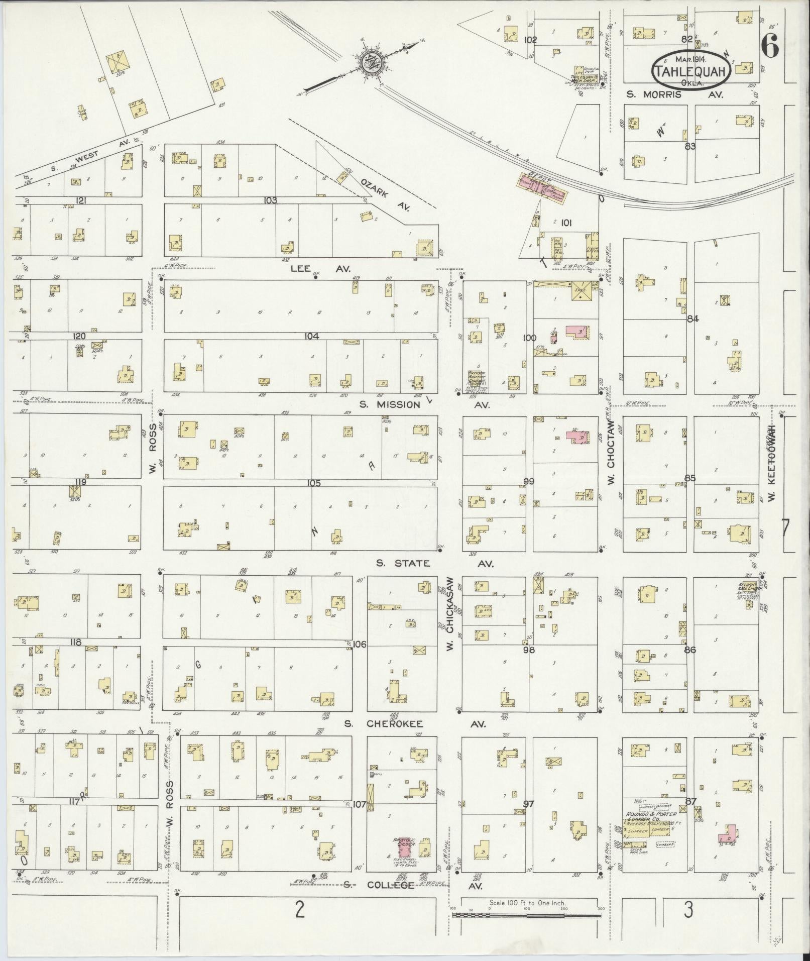 Sanborn Fire Insurance Map from Tahlequah, Cherokee County, Oklahoma (1914), Sheet #0006 - Complete Map Set gallery image, historic Sanborn map, vintage wall art, Oklahoma Oklahoma