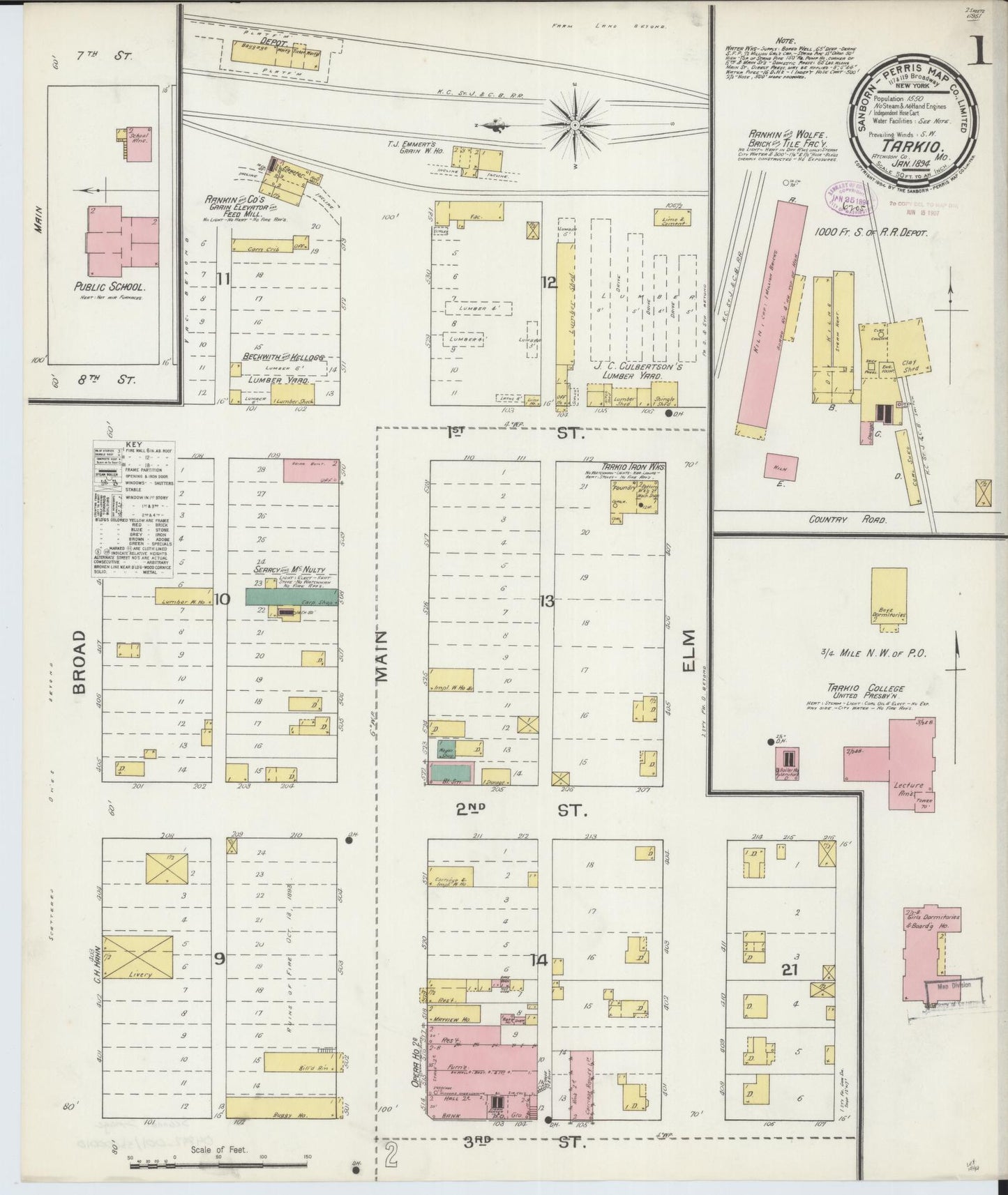 Sanborn Fire Insurance Map from Tarkio, Atchison County, Missouri (1894), Sheet #0001 - Complete Map Set gallery image, historic Sanborn map, vintage wall art, Missouri Missouri