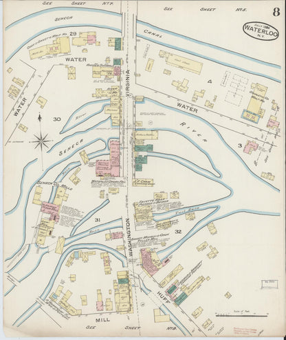 Sanborn Fire Insurance Map from Waterloo, Seneca County, New York (1886), Sheet #0008 - Historic Sanborn Fire Insurance Map Print, vintage old map wall art, antique decor, genealogy gift, New York New York map