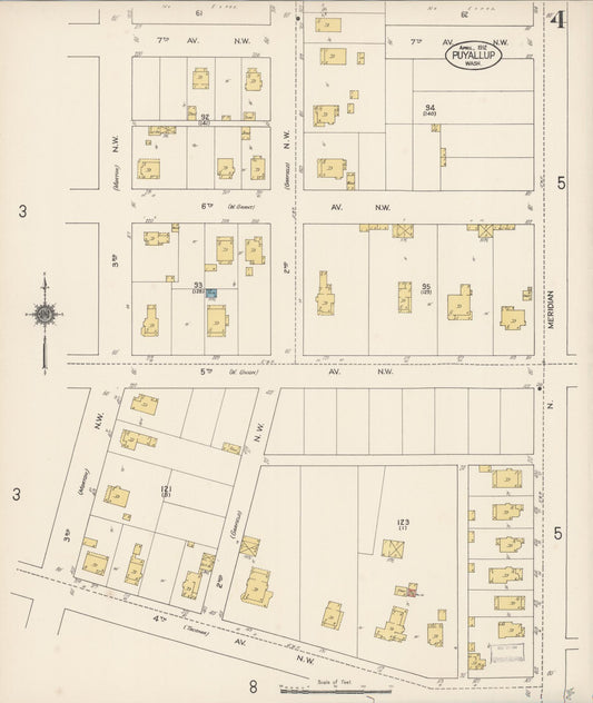 Sanborn Fire Insurance Map from Puyallup, Pierce County, Washington (1912), Sheet #0004 - Historic Sanborn Fire Insurance Map Print, vintage old map wall art, antique decor, genealogy gift, Washington Washington map