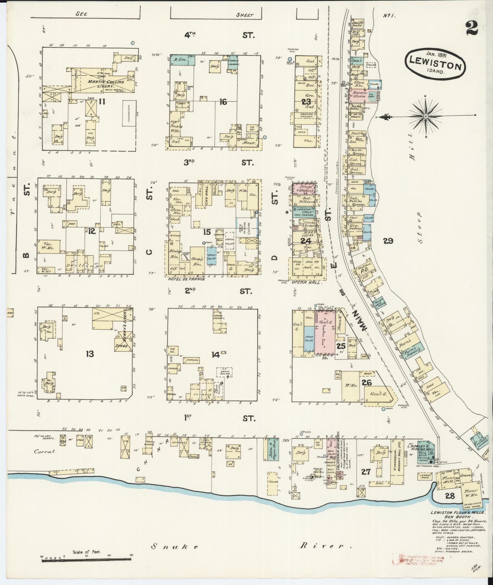 Sanborn Fire Insurance Map from Lewiston, Nez Perce County, Idaho (1891), Sheet #0002 - Historic Sanborn Fire Insurance Map Print, vintage old map wall art, antique decor, genealogy gift, Idaho Idaho map