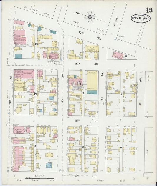 Sanborn Fire Insurance Map from Rock Island, Rock Island County, Illinois (1892), Sheet #0013 - Historic Sanborn Fire Insurance Map Print, vintage old map wall art, antique decor, genealogy gift, Illinois Illinois map