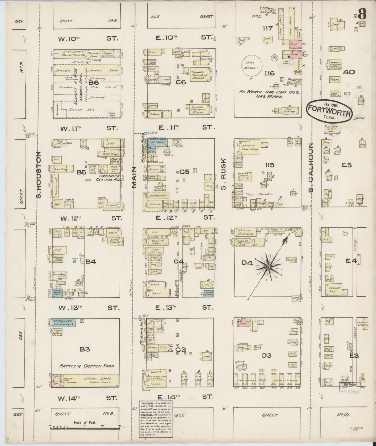Sanborn Fire Insurance Map from Fort Worth, Tarrant County, Texas (1885), Sheet #0008 - Complete Map Set gallery image, historic Sanborn map, vintage wall art, Texas Texas