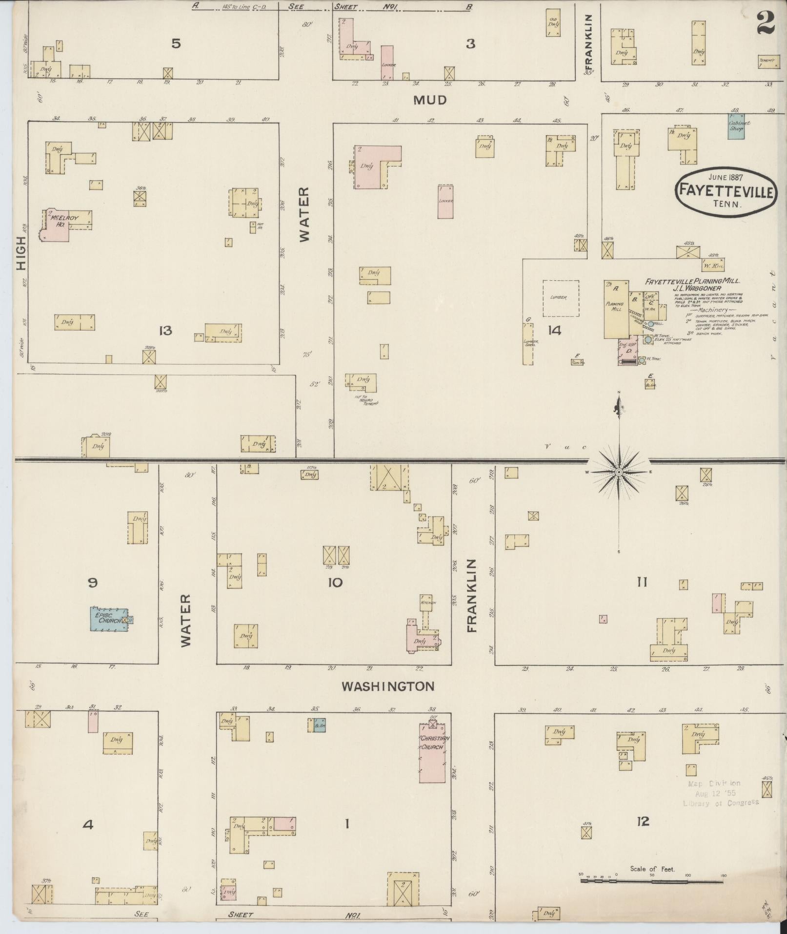 Sanborn Fire Insurance Map from Fayetteville, Lincoln County, Tennessee (1887), Sheet #0002 - Historic Sanborn Fire Insurance Map Print, vintage old map wall art, antique decor, genealogy gift, Tennessee Tennessee map