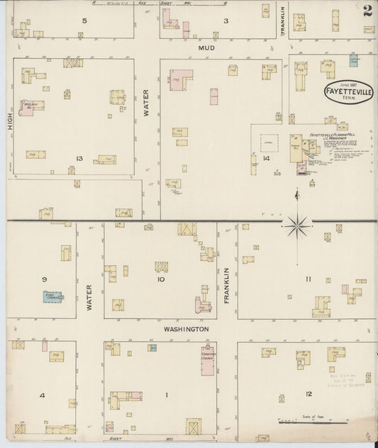 Sanborn Fire Insurance Map from Fayetteville, Lincoln County, Tennessee (1887), Sheet #0002 - Historic Sanborn Fire Insurance Map Print, vintage old map wall art, antique decor, genealogy gift, Tennessee Tennessee map
