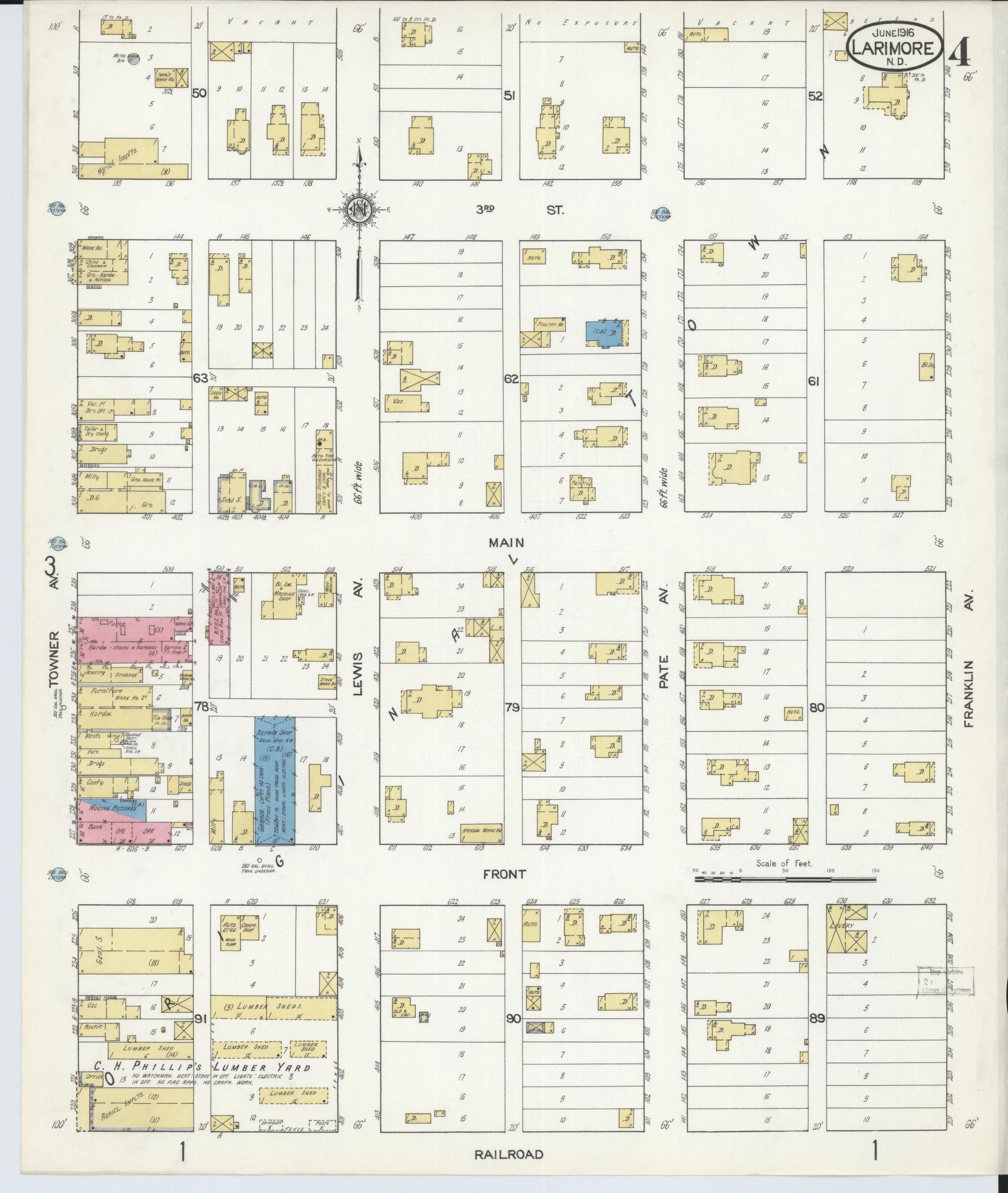 Sanborn Fire Insurance Map from Larimore, Grand Forks County, North Dakota (1916), Sheet #0004 - Historic Sanborn Fire Insurance Map Print, vintage old map wall art, antique decor, genealogy gift, North Dakota North Dakota map