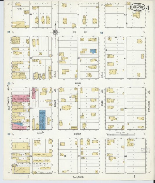 Sanborn Fire Insurance Map from Larimore, Grand Forks County, North Dakota (1916), Sheet #0004 - Historic Sanborn Fire Insurance Map Print, vintage old map wall art, antique decor, genealogy gift, North Dakota North Dakota map