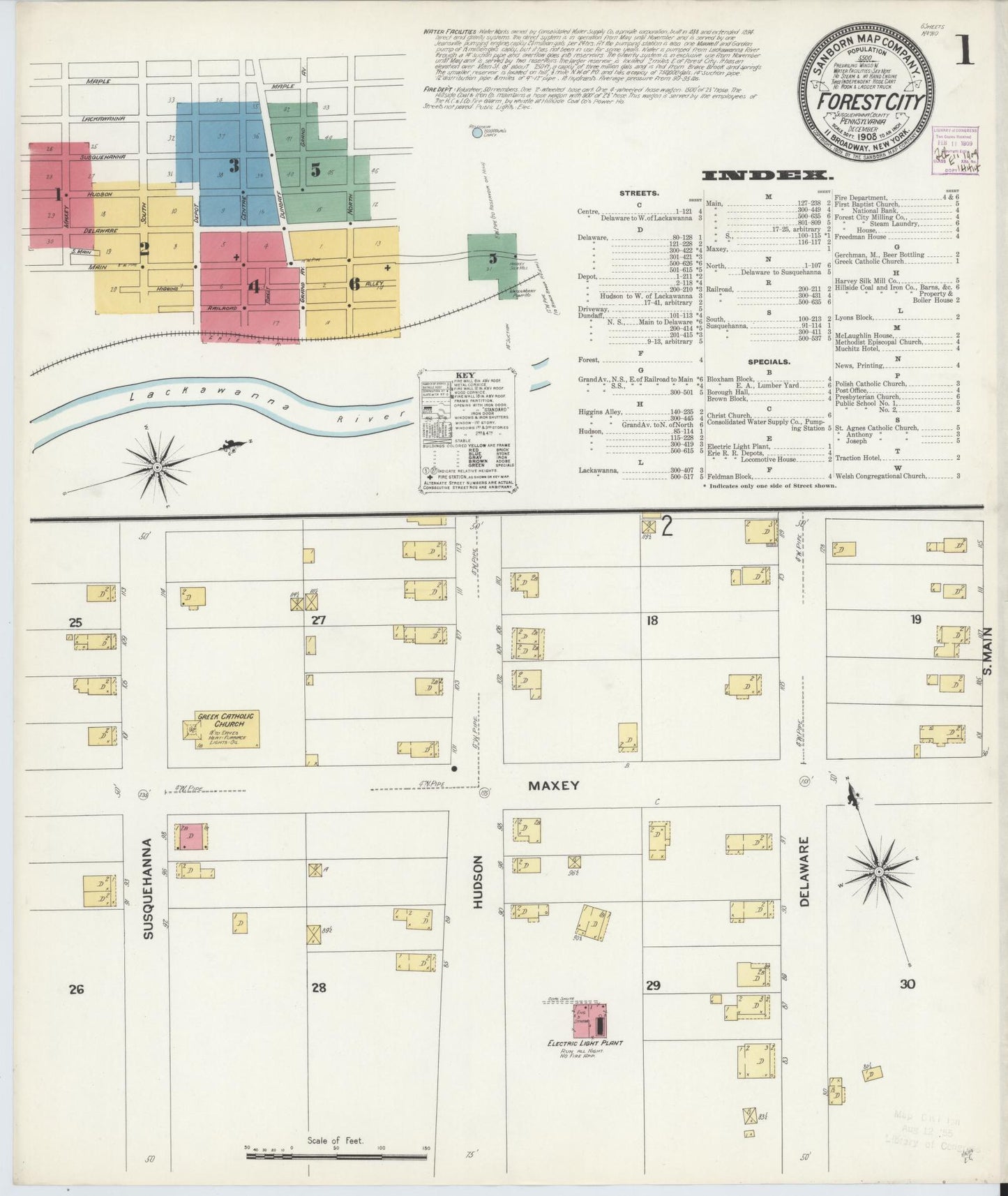 Sanborn Fire Insurance Map from Forest City, Susquehanna County, Pennsylvania (1908), Sheet #0001 - Historic Sanborn Fire Insurance Map Print, vintage old map wall art, antique decor, genealogy gift, Pennsylvania Pennsylvania map