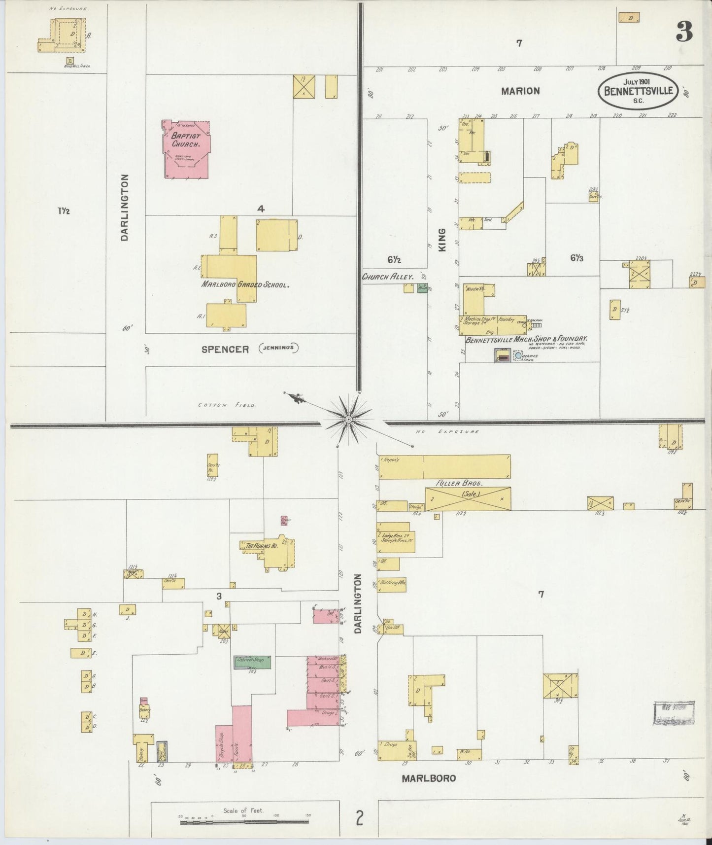 Sanborn Fire Insurance Map from Bennettsville, Marlboro County, South Carolina (1901), Sheet #0003 - Historic Sanborn Fire Insurance Map Print, vintage old map wall art, antique decor, genealogy gift, South Carolina South Carolina map