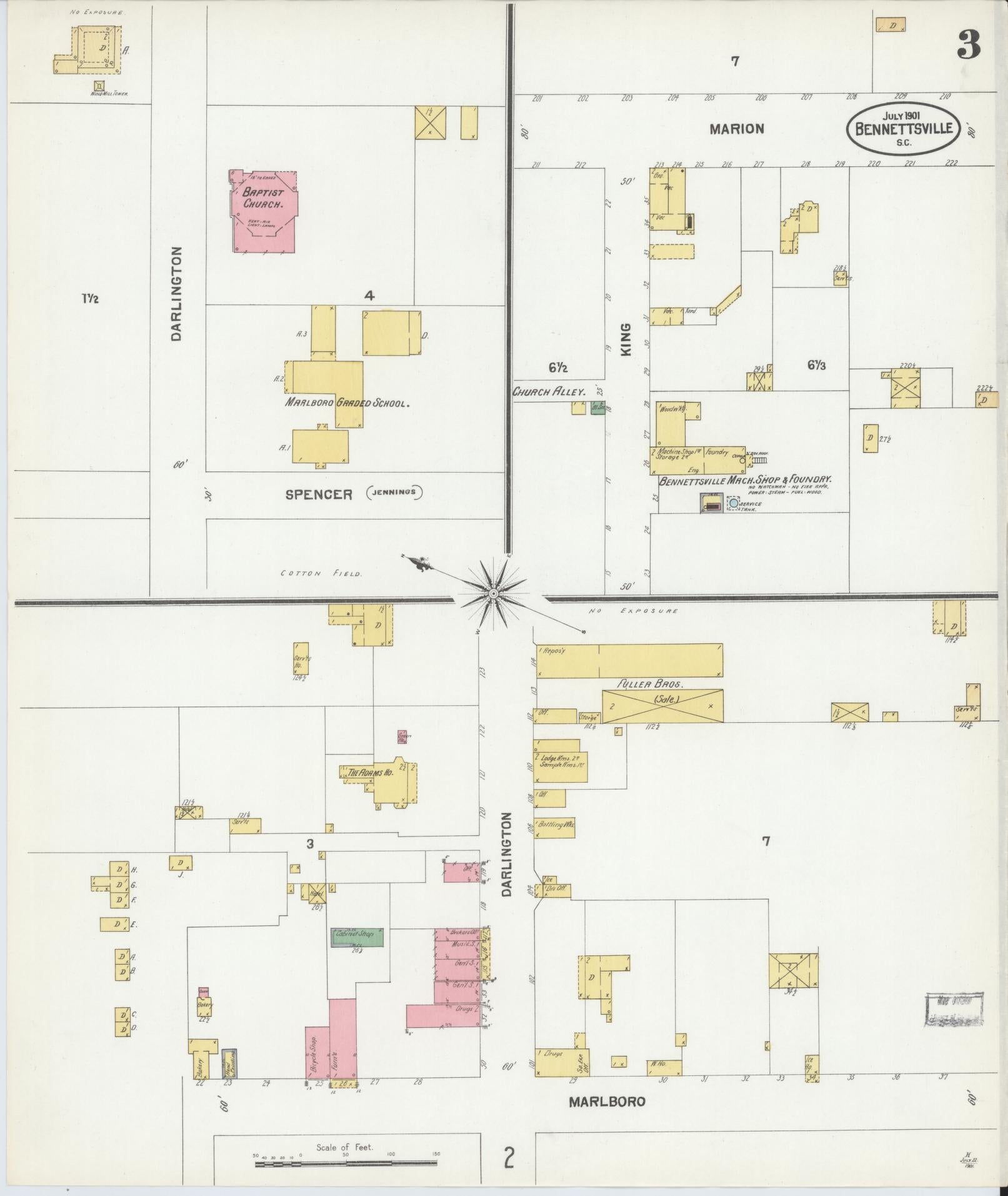 Sanborn Fire Insurance Map from Bennettsville, Marlboro County, South Carolina (1901), Sheet #0003 - Historic Sanborn Fire Insurance Map Print, vintage old map wall art, antique decor, genealogy gift, South Carolina South Carolina map