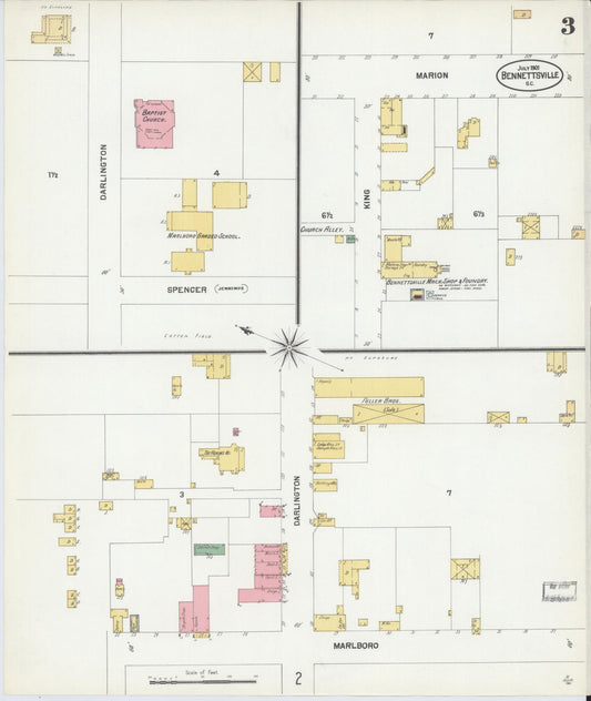 Sanborn Fire Insurance Map from Bennettsville, Marlboro County, South Carolina (1901), Sheet #0003 - Historic Sanborn Fire Insurance Map Print, vintage old map wall art, antique decor, genealogy gift, South Carolina South Carolina map