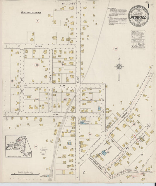Sanborn Fire Insurance Map from Redwood, Jefferson County, New York (1915), Sheet #0001 - Historic Sanborn Fire Insurance Map Print, vintage old map wall art, antique decor, genealogy gift, New York New York map