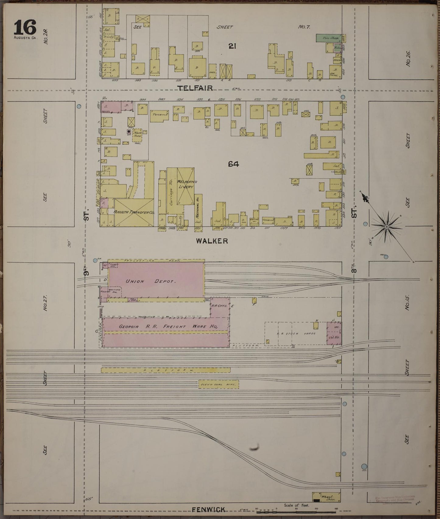 Sanborn Fire Insurance Map from Augusta, Richmond County, Georgia (1890), Sheet #0016 - Historic Sanborn Fire Insurance Map Print, vintage old map wall art, antique decor, genealogy gift, Georgia Georgia map