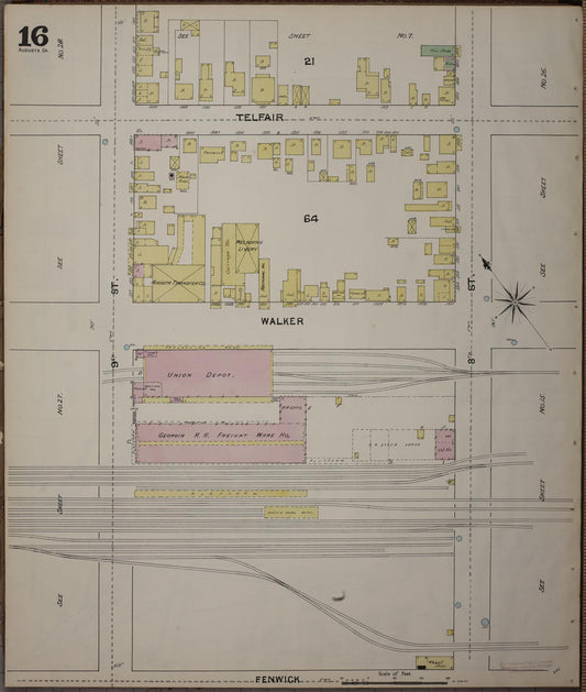 Sanborn Fire Insurance Map from Augusta, Richmond County, Georgia (1890), Sheet #0016 - Historic Sanborn Fire Insurance Map Print, vintage old map wall art, antique decor, genealogy gift, Georgia Georgia map