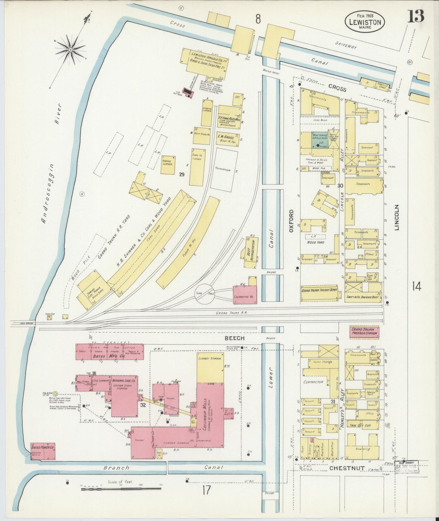 Sanborn Fire Insurance Map from Lewiston, Androscoggin County, Maine (1908), Sheet #0013 - Complete Map Set gallery image, historic Sanborn map, vintage wall art, Maine Maine