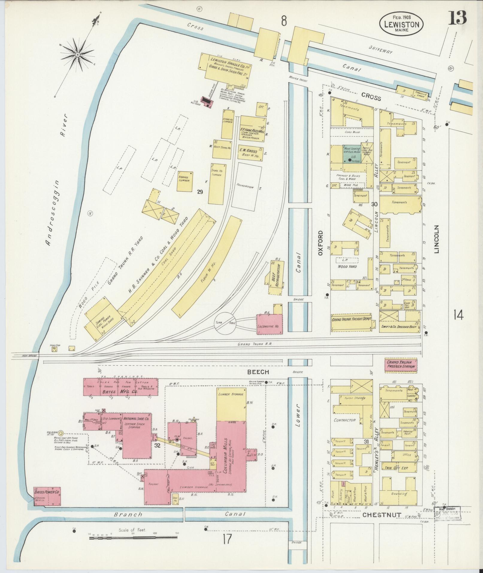 Sanborn Fire Insurance Map from Lewiston, Androscoggin County, Maine (1908), Sheet #0013 - Complete Map Set gallery image, historic Sanborn map, vintage wall art, Maine Maine
