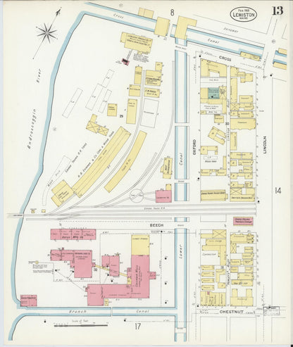 Sanborn Fire Insurance Map from Lewiston, Androscoggin County, Maine (1908), Sheet #0013 - Complete Map Set gallery image, historic Sanborn map, vintage wall art, Maine Maine