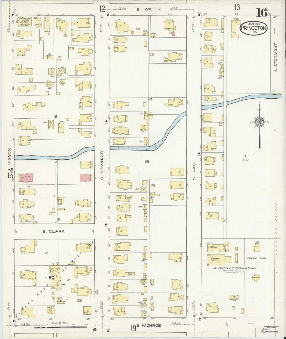 Sanborn Fire Insurance Map from Princeton, Gibson County, Indiana (1914), Sheet #0016 - Historic Sanborn Fire Insurance Map Print, vintage old map wall art, antique decor, genealogy gift, Indiana Indiana map