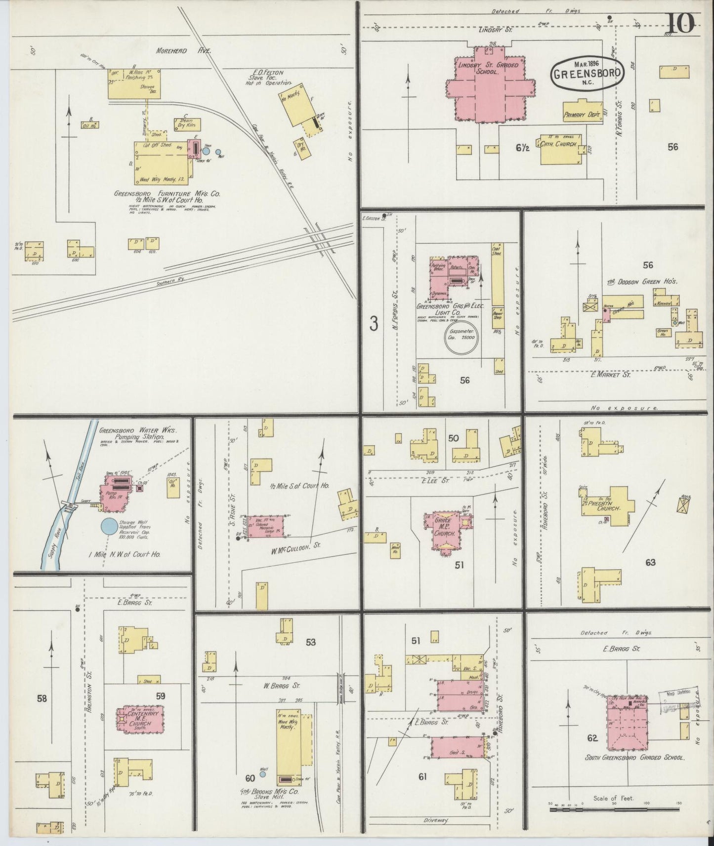Sanborn Fire Insurance Map from Greensboro, Guilford County, North Carolina (1896), Sheet #0010 - Complete Map Set gallery image, historic Sanborn map, vintage wall art, North Carolina North Carolina