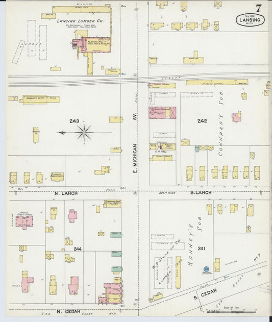 Sanborn Fire Insurance Map from Lansing, Ingham County, Michigan (1892), Sheet #0007 - Historic Sanborn Fire Insurance Map Print, vintage old map wall art, antique decor, genealogy gift, Michigan Michigan map