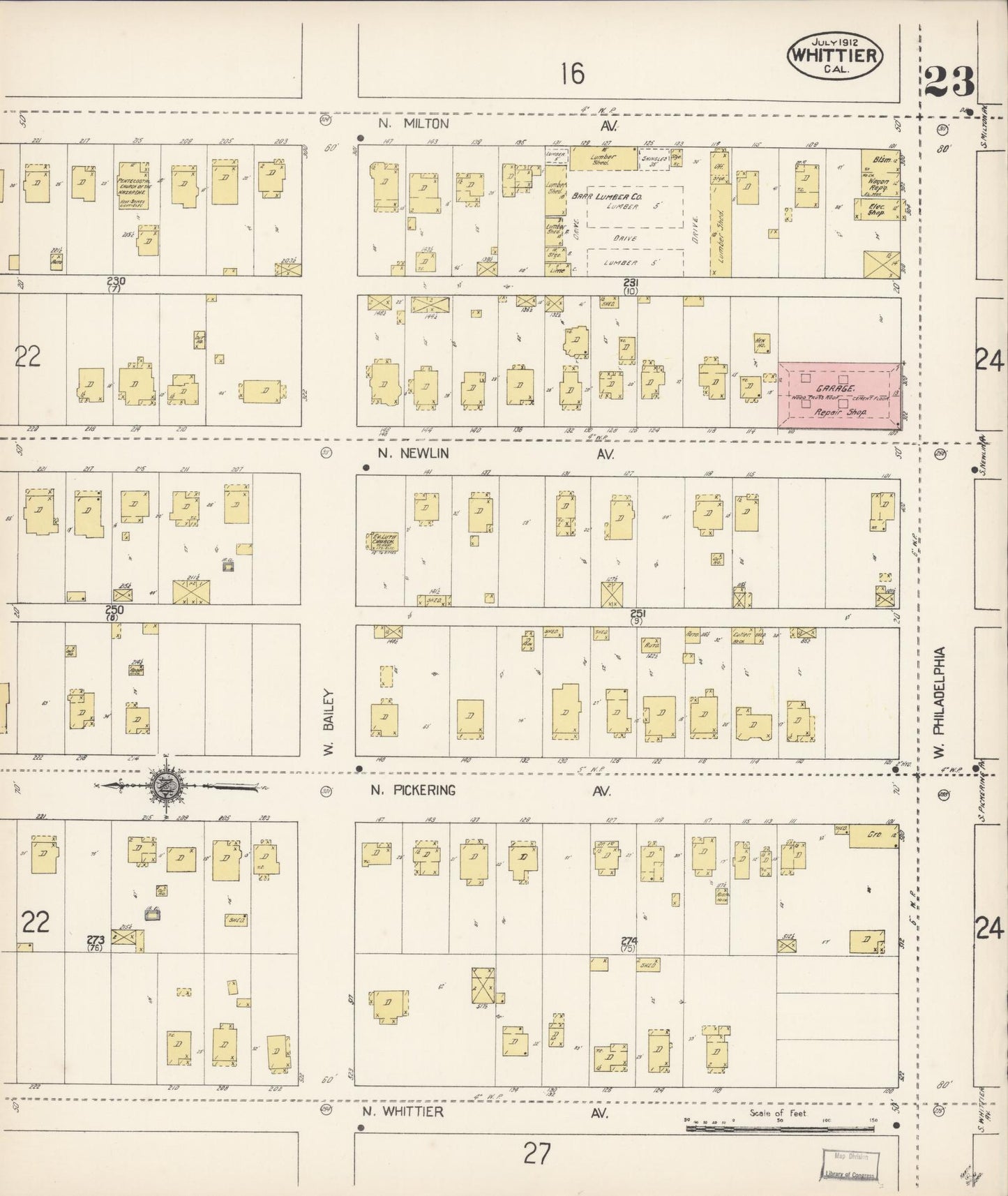 Sanborn Fire Insurance Map from Whittier, Los Angeles County, California (1912), Sheet #0023 - Complete Map Set gallery image, historic Sanborn map, vintage wall art, California California