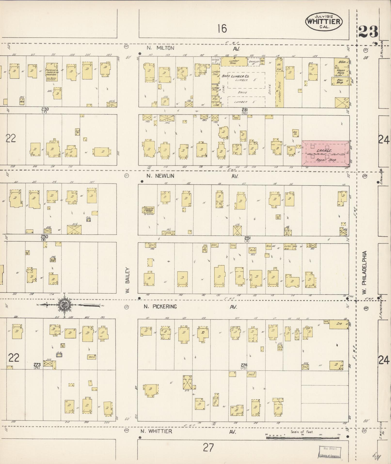 Sanborn Fire Insurance Map from Whittier, Los Angeles County, California (1912), Sheet #0023 - Complete Map Set gallery image, historic Sanborn map, vintage wall art, California California