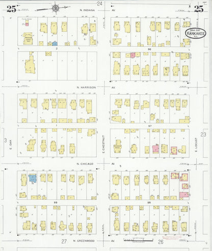 Sanborn Fire Insurance Map from Kankakee, Kankakee County, Illinois (1930), Sheet #0025 - Historic Sanborn Fire Insurance Map Print, vintage old map wall art, antique decor, genealogy gift, Illinois Illinois map