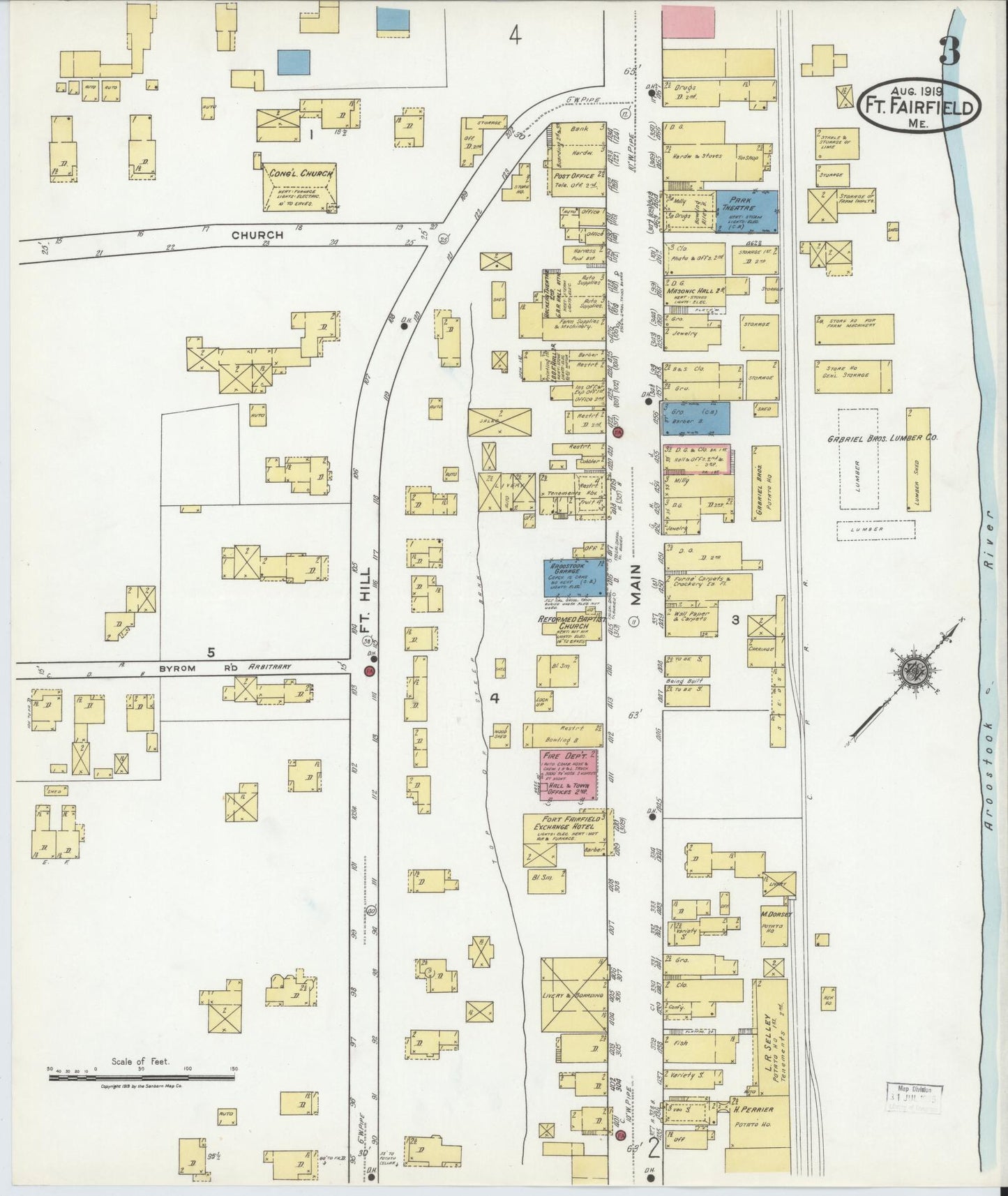 Sanborn Fire Insurance Map from Fort Fairfield, Aroostook County, Maine (1919), Sheet #0003 - Historic Sanborn Fire Insurance Map Print, vintage old map wall art, antique decor, genealogy gift, Maine Maine map
