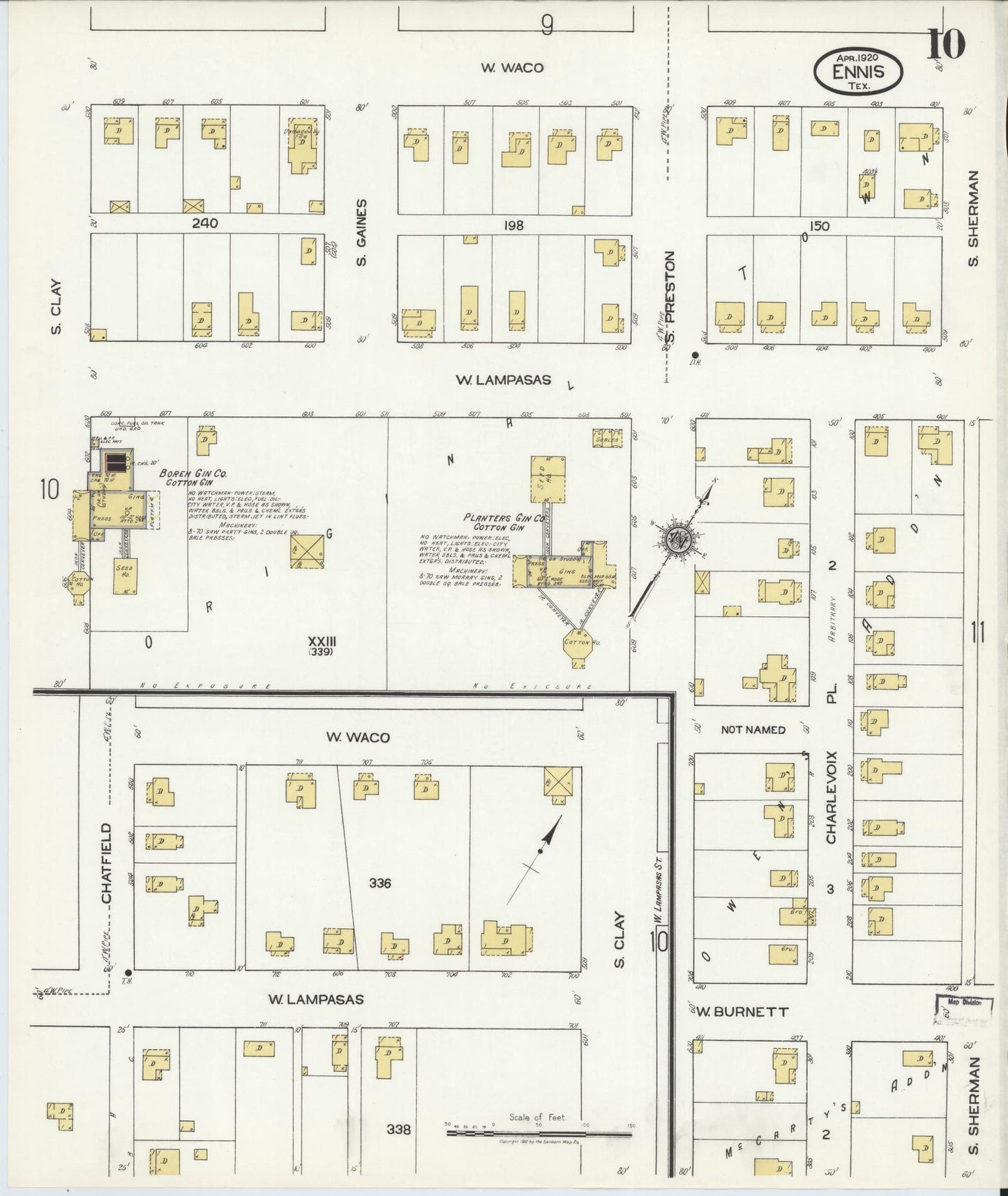 Sanborn Fire Insurance Map from Ennis, Ellis County, Texas (1920), Sheet #0010 - Complete Map Set gallery image, historic Sanborn map, vintage wall art, Texas Texas