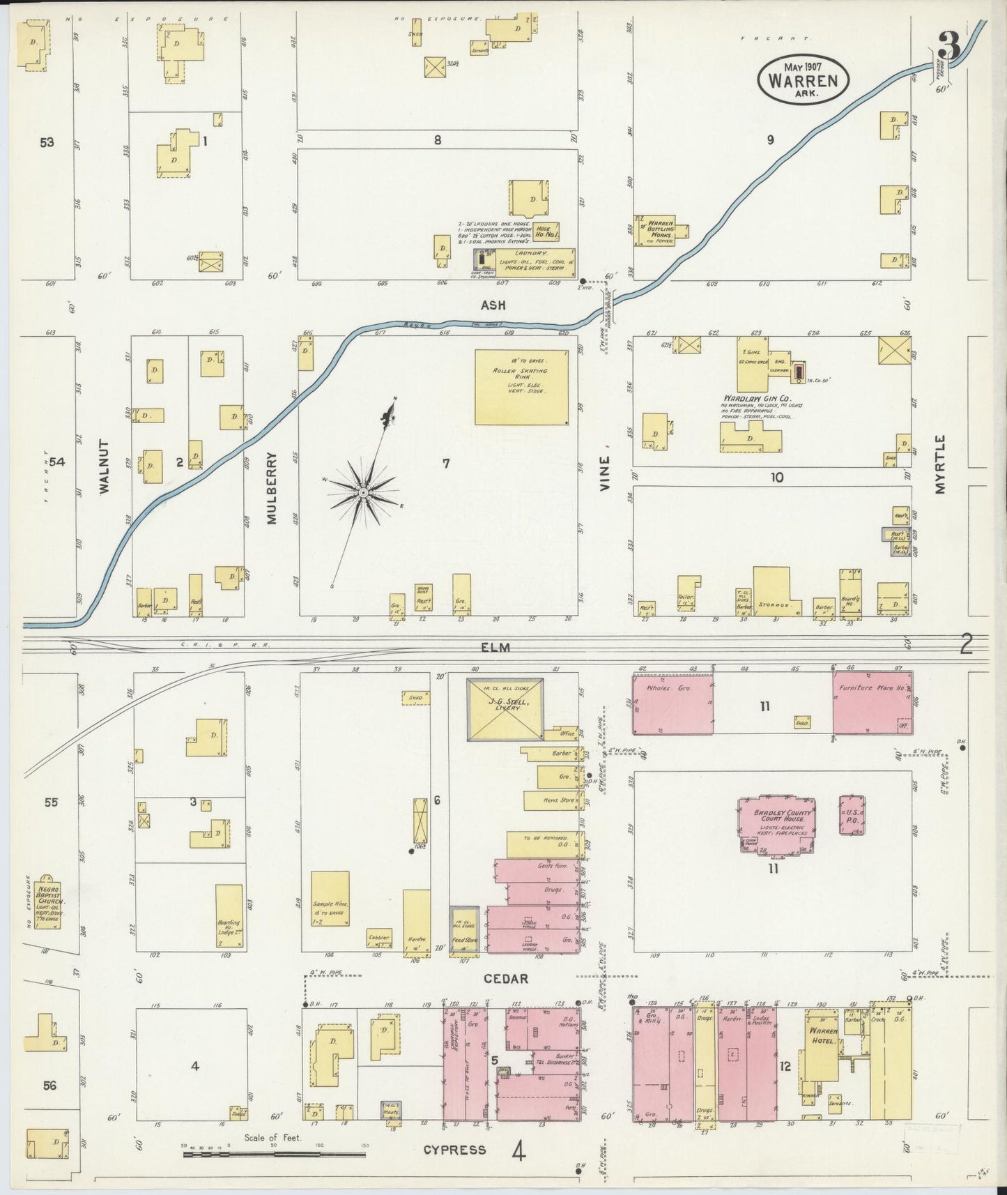 Sanborn Fire Insurance Map from Warren, Bradley County, Arkansas (1907), Sheet #0003 - Historic Sanborn Fire Insurance Map Print, vintage old map wall art, antique decor, genealogy gift, Arkansas Arkansas map