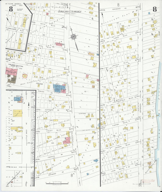 Sanborn Fire Insurance Map from Saint Clair Shores, Macomb County, Michigan (1933), Sheet #0008 - Historic Sanborn Fire Insurance Map Print, vintage old map wall art, antique decor, genealogy gift, Michigan Michigan map