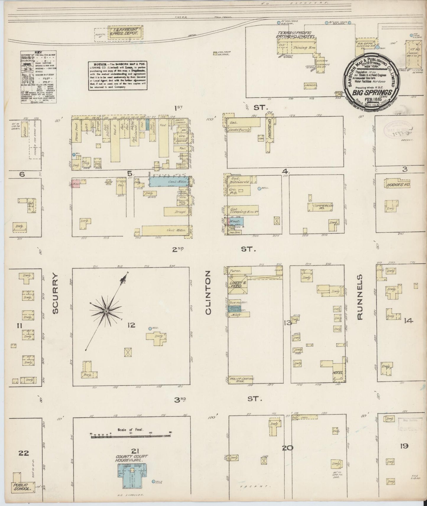 Sanborn Fire Insurance Map from Big Spring, Howard County, Texas (1885), Sheet #0001 - Historic Sanborn Fire Insurance Map Print, vintage old map wall art, antique decor, genealogy gift, Texas Texas map