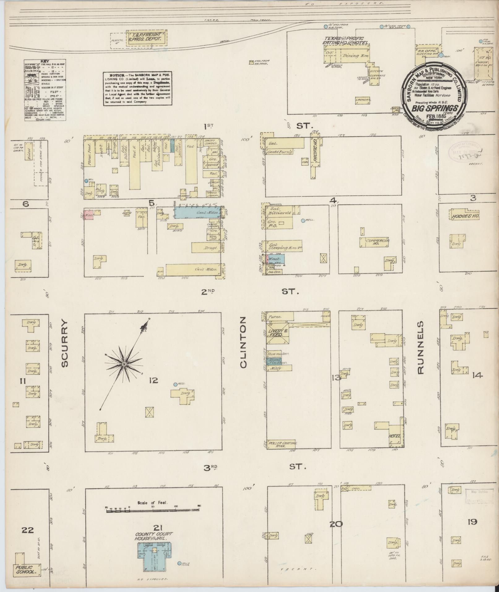 Sanborn Fire Insurance Map from Big Spring, Howard County, Texas (1885), Sheet #0001 - Historic Sanborn Fire Insurance Map Print, vintage old map wall art, antique decor, genealogy gift, Texas Texas map