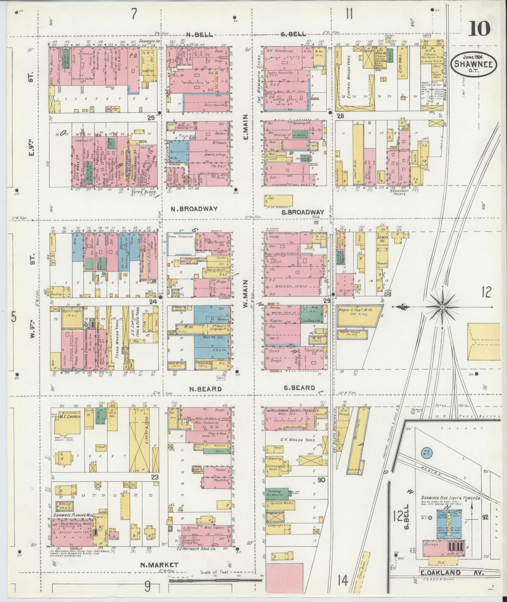 Sanborn Fire Insurance Map from Shawnee, Pottawatomie County, Oklahoma (1904), Sheet #0010 - Complete Map Set gallery image, historic Sanborn map, vintage wall art, Oklahoma Oklahoma