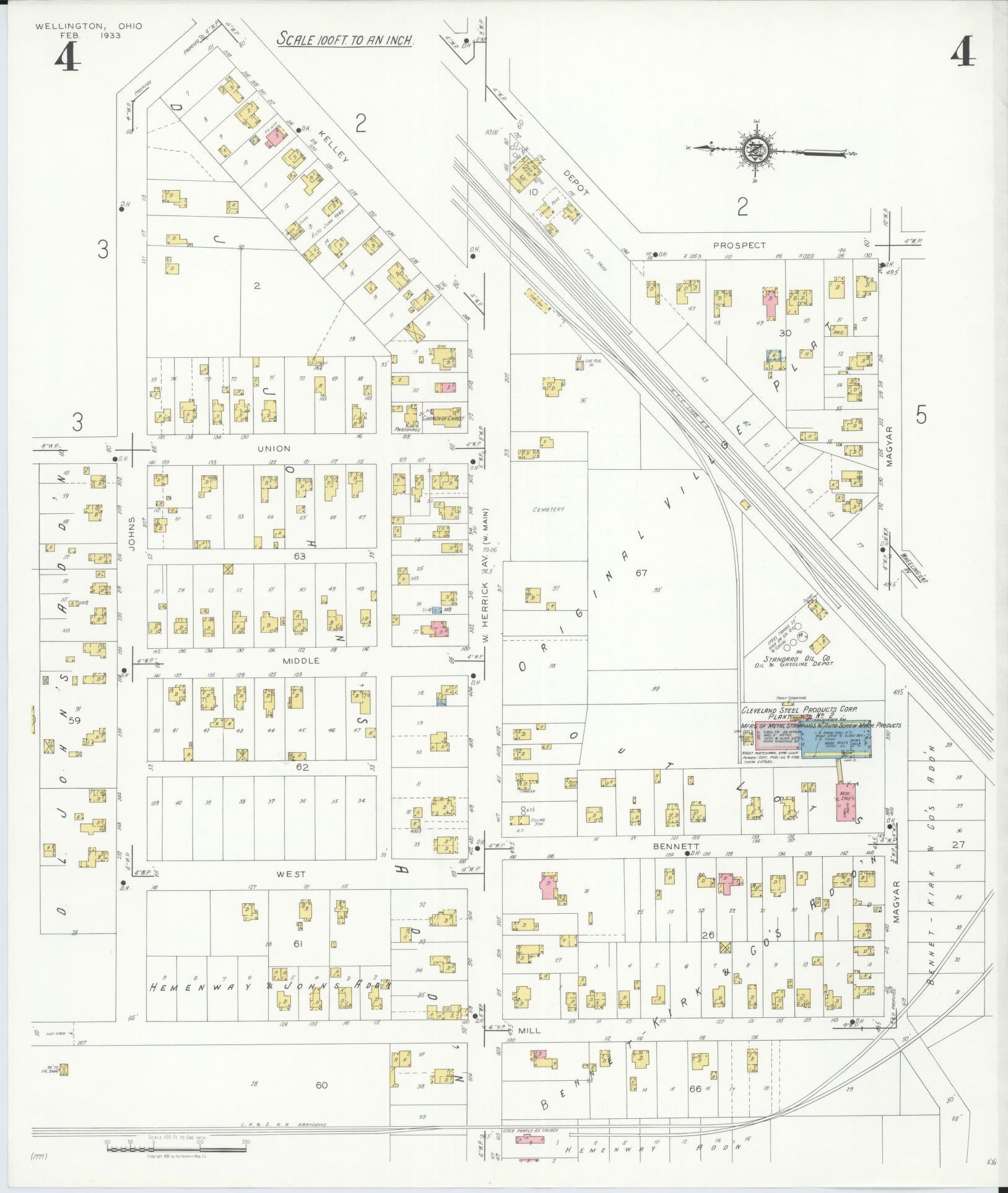 Sanborn Fire Insurance Map from Wellington, Lorain County, Ohio (1933), Sheet #0004 - Historic Sanborn Fire Insurance Map Print, vintage old map wall art, antique decor, genealogy gift, Ohio Ohio map