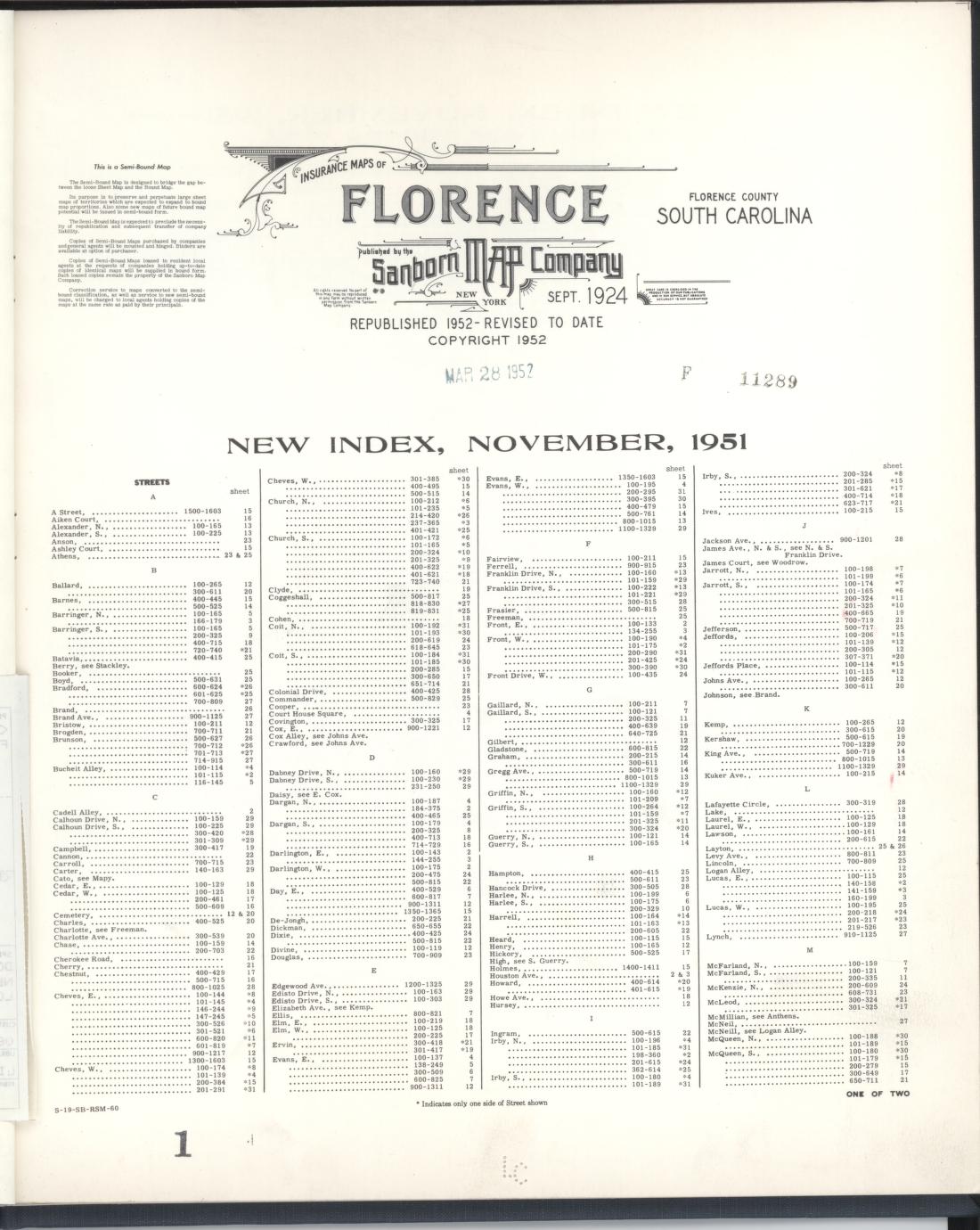 Sanborn Fire Insurance Map from Florence, Florence County, South Carolina (1952), Sheet #0001 - Historic Sanborn Fire Insurance Map Print, vintage old map wall art, antique decor, genealogy gift, South Carolina South Carolina map