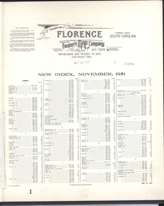 Sanborn Fire Insurance Map from Florence, Florence County, South Carolina (1952), Sheet #0001 - Historic Sanborn Fire Insurance Map Print, vintage old map wall art, antique decor, genealogy gift, South Carolina South Carolina map