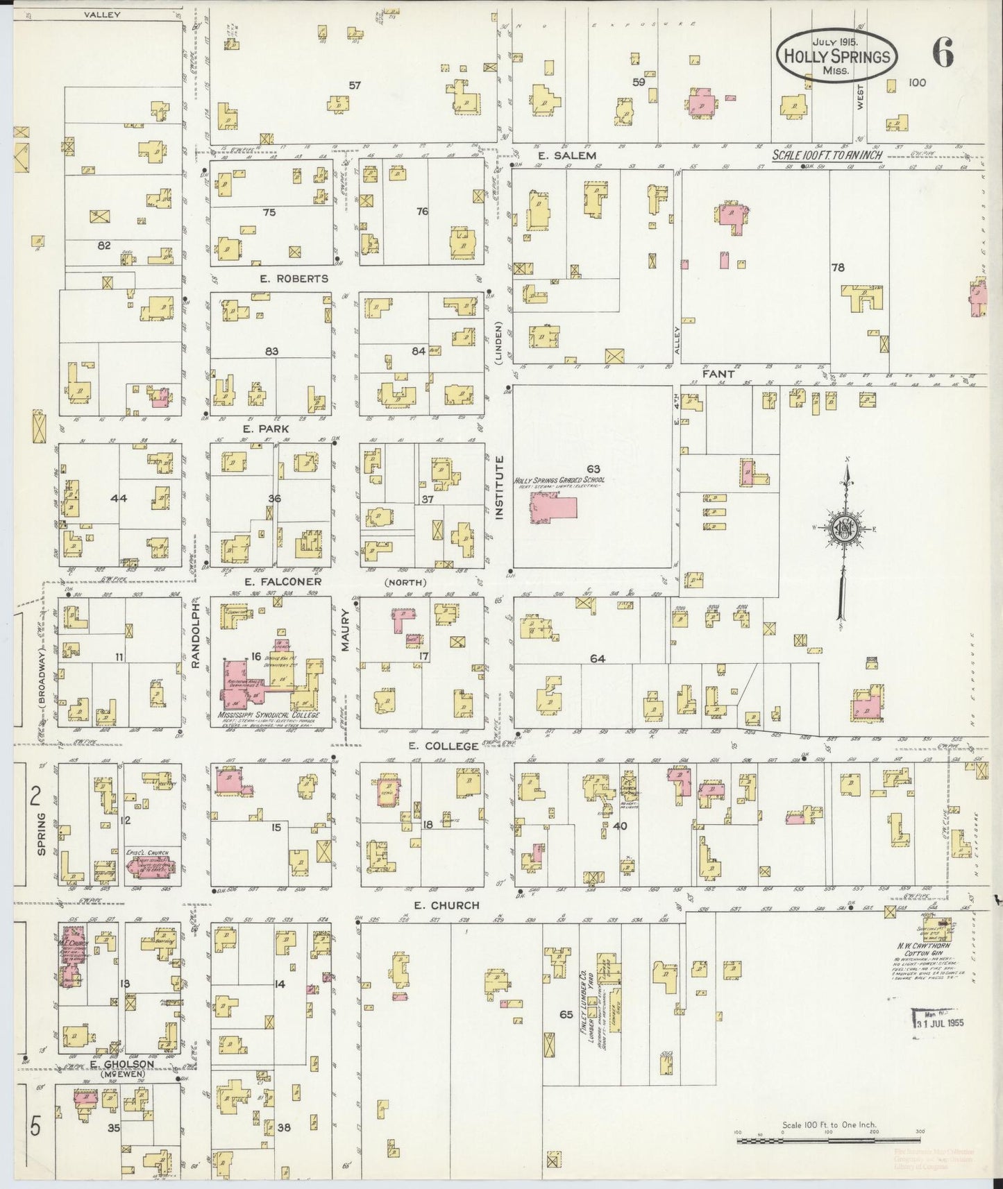 Sanborn Fire Insurance Map from Holly Springs, Marshall County, Mississippi (1915), Sheet #0006 - Historic Sanborn Fire Insurance Map Print, vintage old map wall art, antique decor, genealogy gift, Mississippi Mississippi map