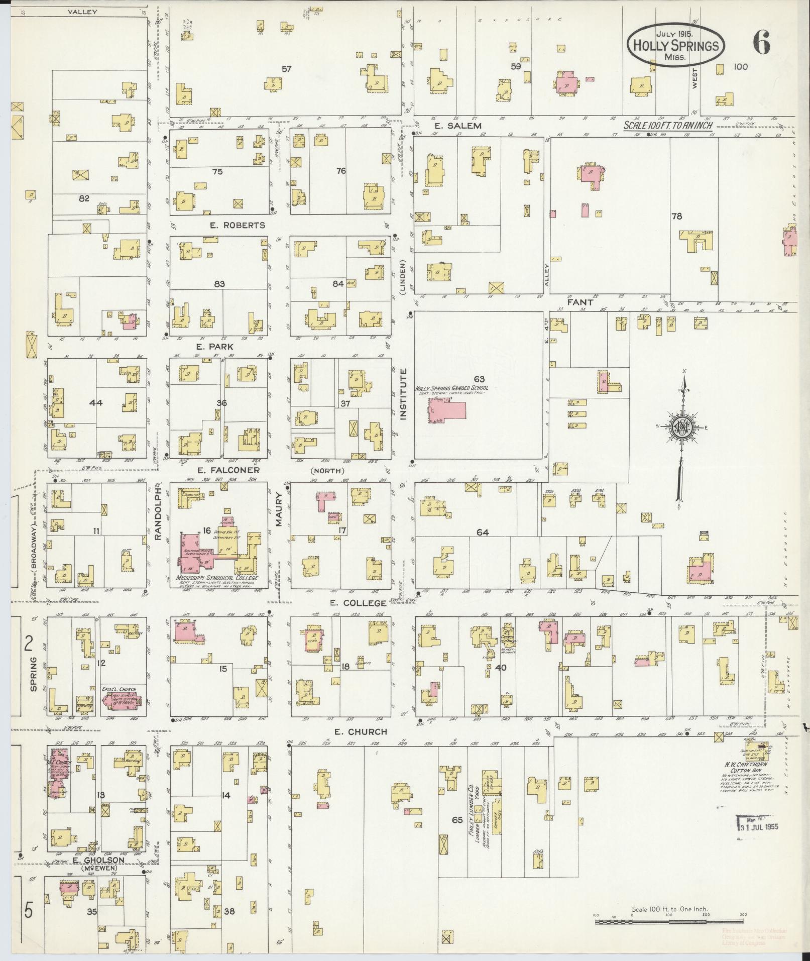 Sanborn Fire Insurance Map from Holly Springs, Marshall County, Mississippi (1915), Sheet #0006 - Historic Sanborn Fire Insurance Map Print, vintage old map wall art, antique decor, genealogy gift, Mississippi Mississippi map