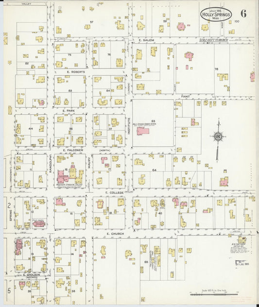 Sanborn Fire Insurance Map from Holly Springs, Marshall County, Mississippi (1915), Sheet #0006 - Historic Sanborn Fire Insurance Map Print, vintage old map wall art, antique decor, genealogy gift, Mississippi Mississippi map