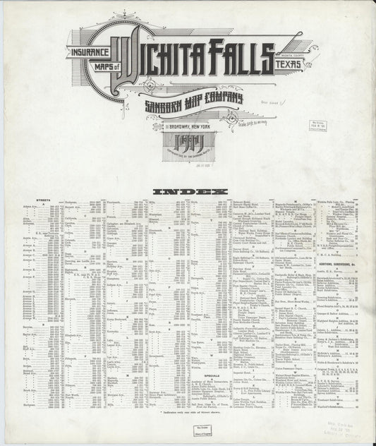 Sanborn Fire Insurance Map from Wichita Falls, Wichita County, Texas (1919), Sheet #0001 - Historic Sanborn Fire Insurance Map Print, vintage old map wall art, antique decor, genealogy gift, Texas Texas map