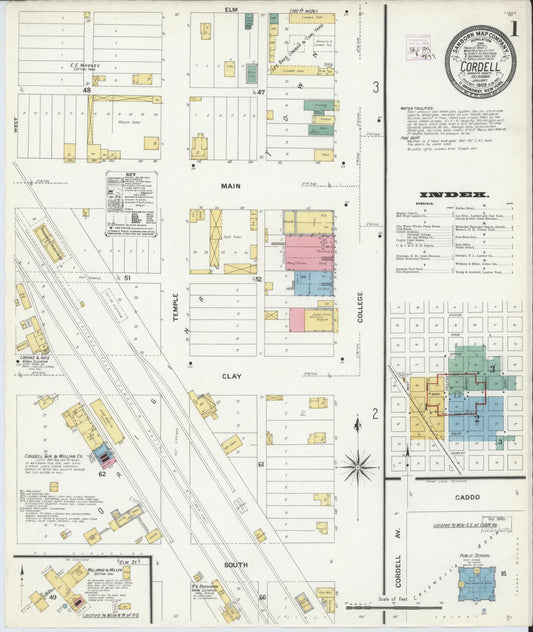 Sanborn Fire Insurance Map from Cordell, Washita County, Oklahoma (1909), Sheet #0001 - Historic Sanborn Fire Insurance Map Print, vintage old map wall art, antique decor, genealogy gift, Oklahoma Oklahoma map