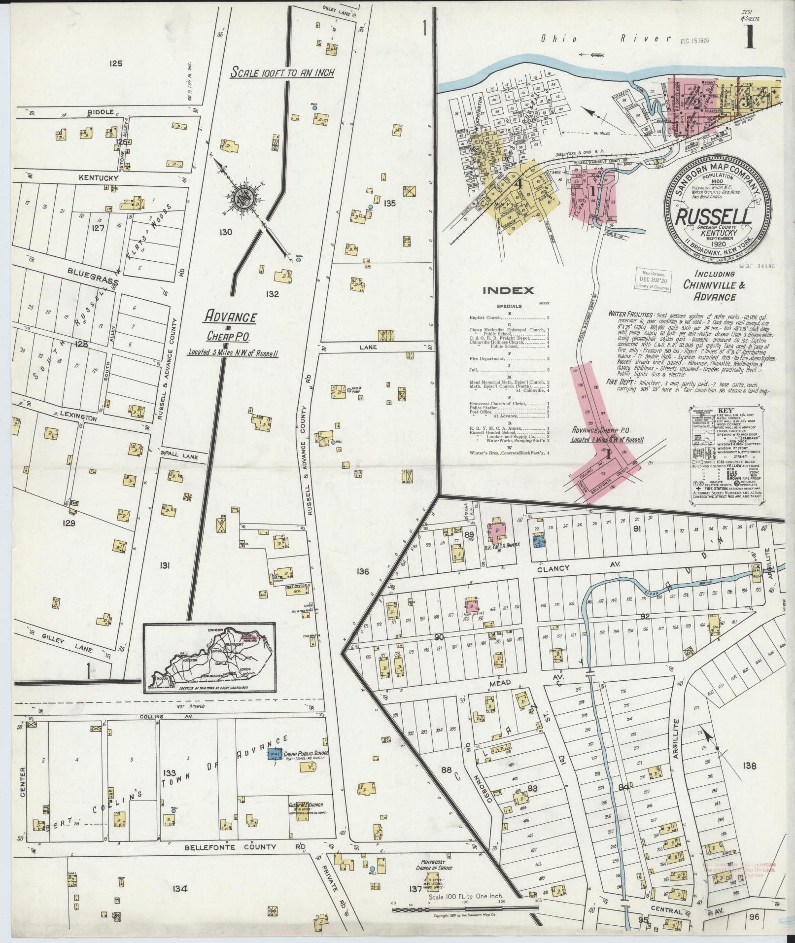 Sanborn Fire Insurance Map from Russell, Greenup County, Kentucky (1920), Sheet #0001 - Historic Sanborn Fire Insurance Map Print, vintage old map wall art, antique decor, genealogy gift, Kentucky Kentucky map