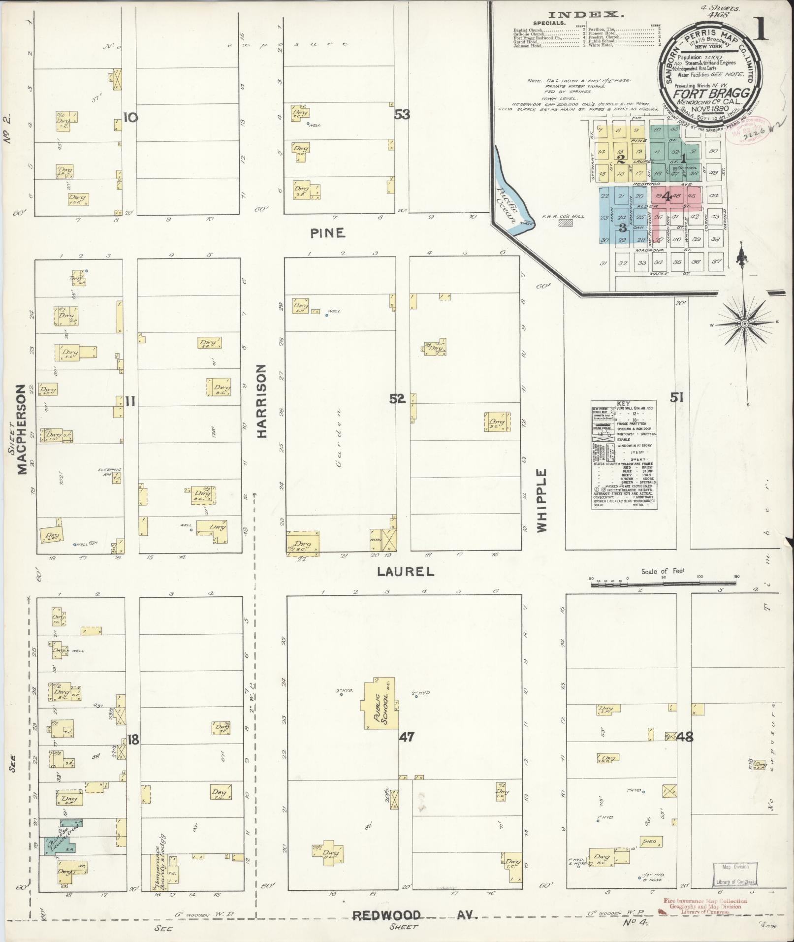 Sanborn Fire Insurance Map from Fort Bragg, Mendocino County, California (1890), Sheet #0001 - Historic Sanborn Fire Insurance Map Print, vintage old map wall art, antique decor, genealogy gift, California California map