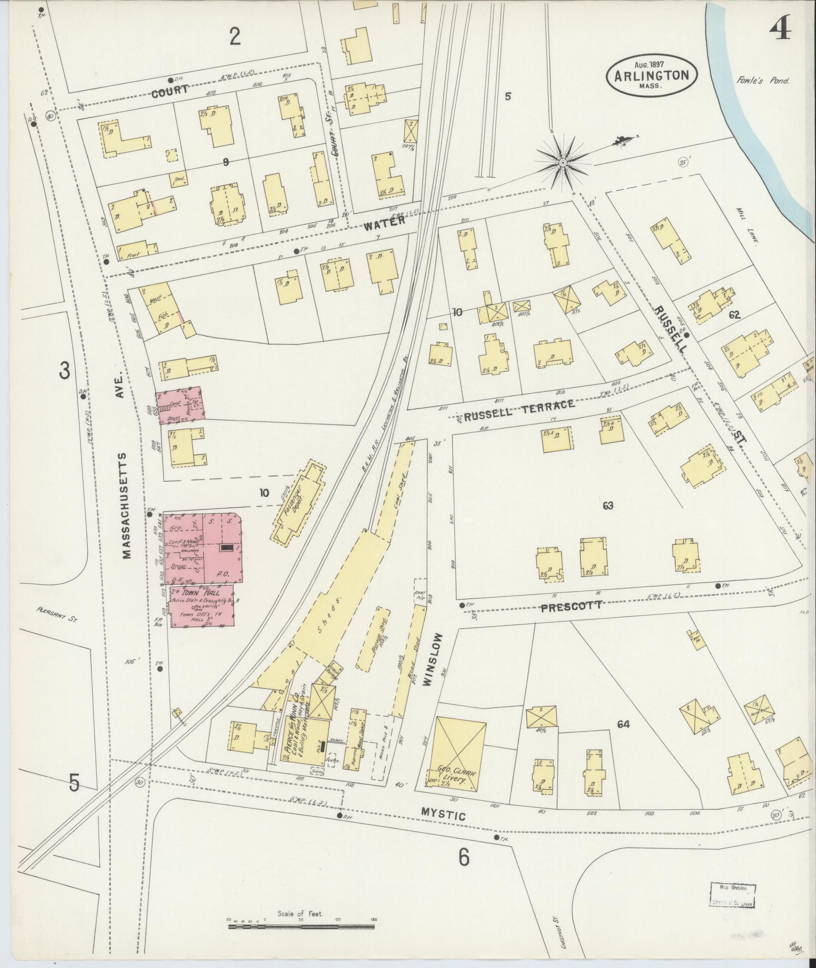 Sanborn Fire Insurance Map from Arlington, Middlesex County, Massachusetts (1897), Sheet #0004 - Historic Sanborn Fire Insurance Map Print, vintage old map wall art, antique decor, genealogy gift, Massachusetts Massachusetts map